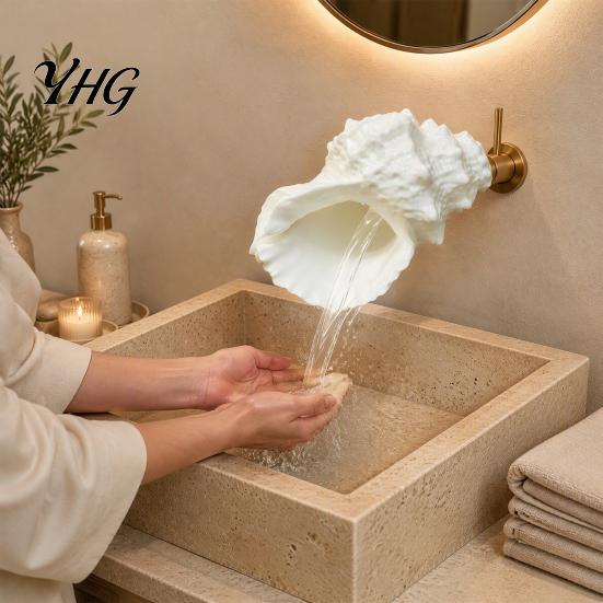 Flexible Water Flow Spout Coastal Seashell Wall-Mount Faucet, Conch Shape Bathroom Sink Ocean Rustic Country Style Faucet Theme Decorative Tap
