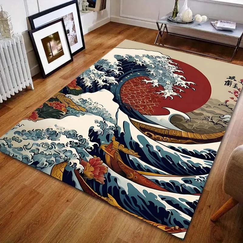 Neues Produkt angekommen! Kanagawa Wellen, Japanisches Muster Teppich Kinder Spielmatte Teppich für Schlafzimmerdeko Spielzimmer Wohnzimmer Teppich Geschenke