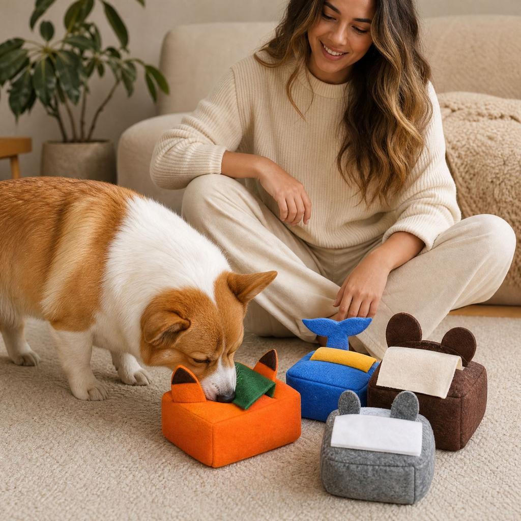 Dog Snuffle Toy and Seek Puzzle Plush Tissue Box Toy for Dogs, Nose Work Enrichment Training