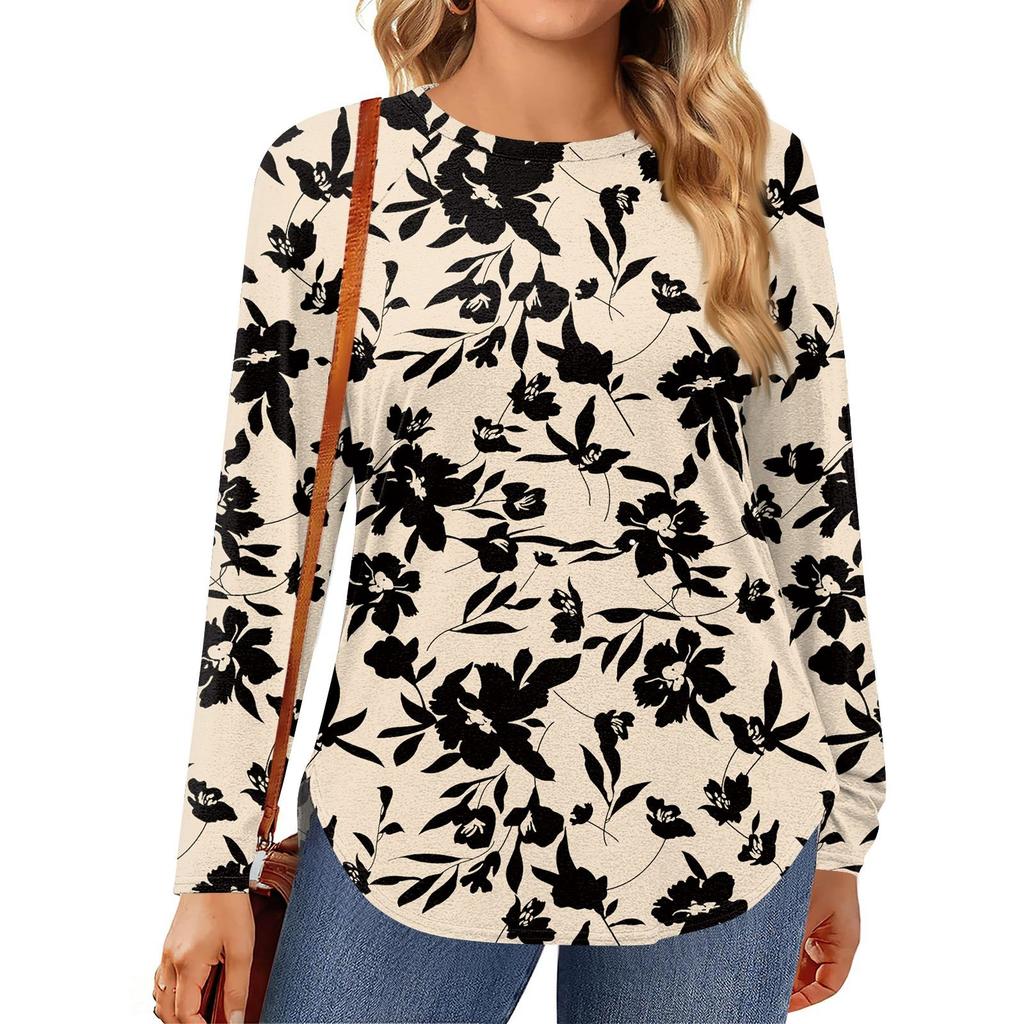 Womens Plus Size Tops Long Sleeve Shirts Round Neck Flowy Tunic Casual Loose Blouse L-5X