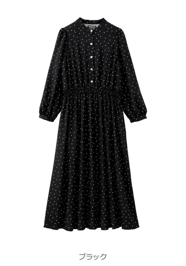 Maternity Band Waist Dot Long Open Polka Black 10492250 [ANGELIEBE] Dress, Collar, Shirring, Dress, Prenatal, Postnatal, Sleeve, Front, Nursing,