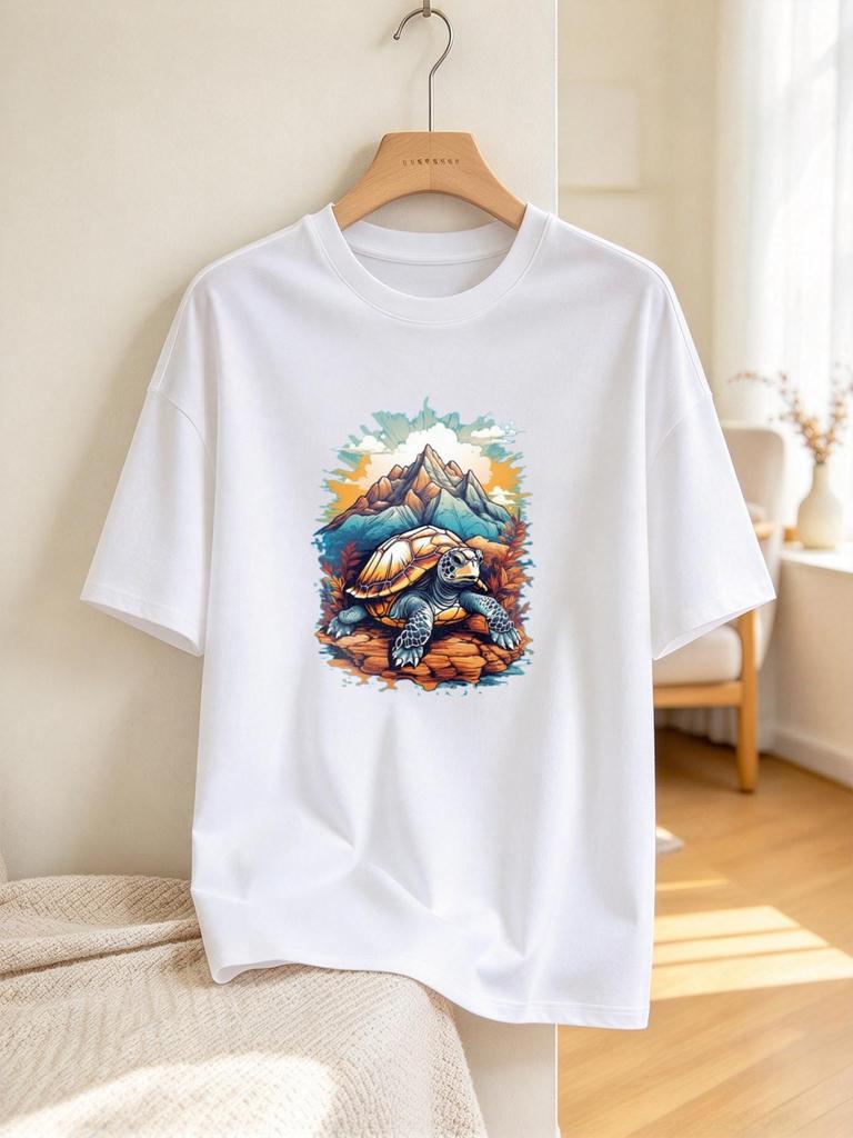 Unisex T-Shirt Cute Turtle Mountain Print Casual Summer Soft Fashion Top