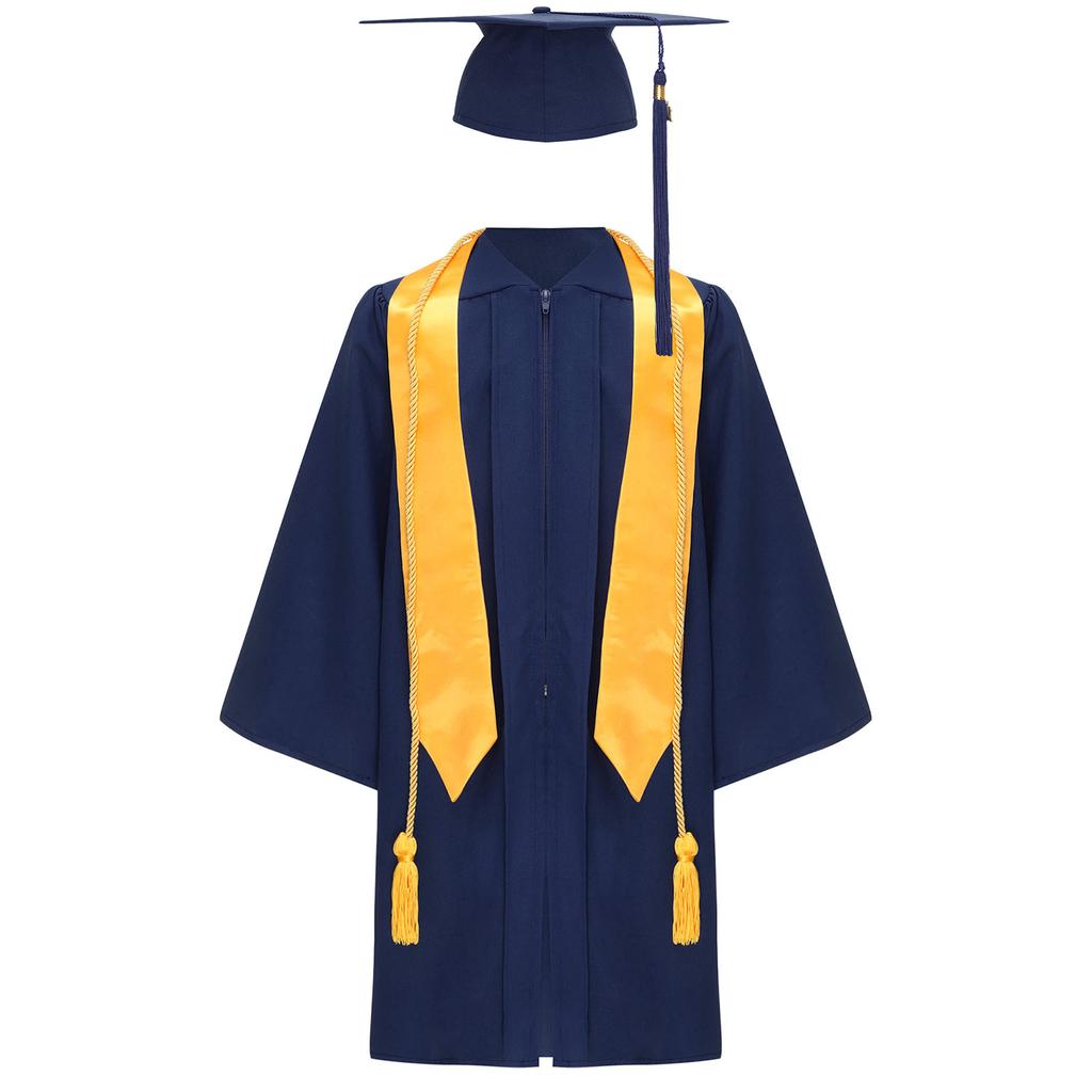 Unisex Kids Graduation Gown Set V Neck Long Sleeve Front Zipper Robe Academic Hat Stole Tassel Ceremony Outfit