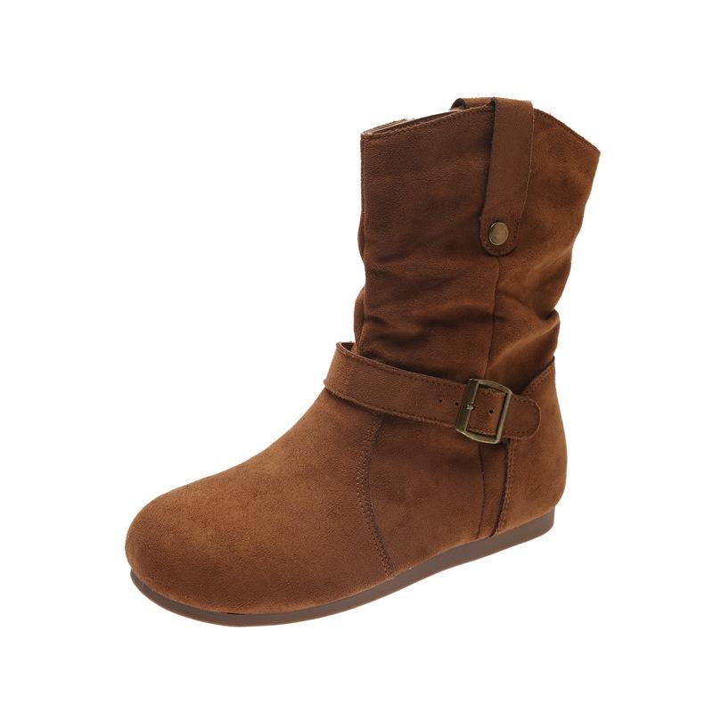 Retro short boots women's autumn new short tube pleated piled boots inner heightening Martin boots