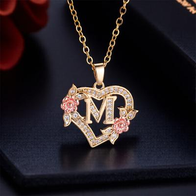 Trendy Love Heart Flower 26 Letters A-Z Pendant Necklace Vintage Gold Color Chains Necklaces For Women Wedding Jewelry Girl Gift