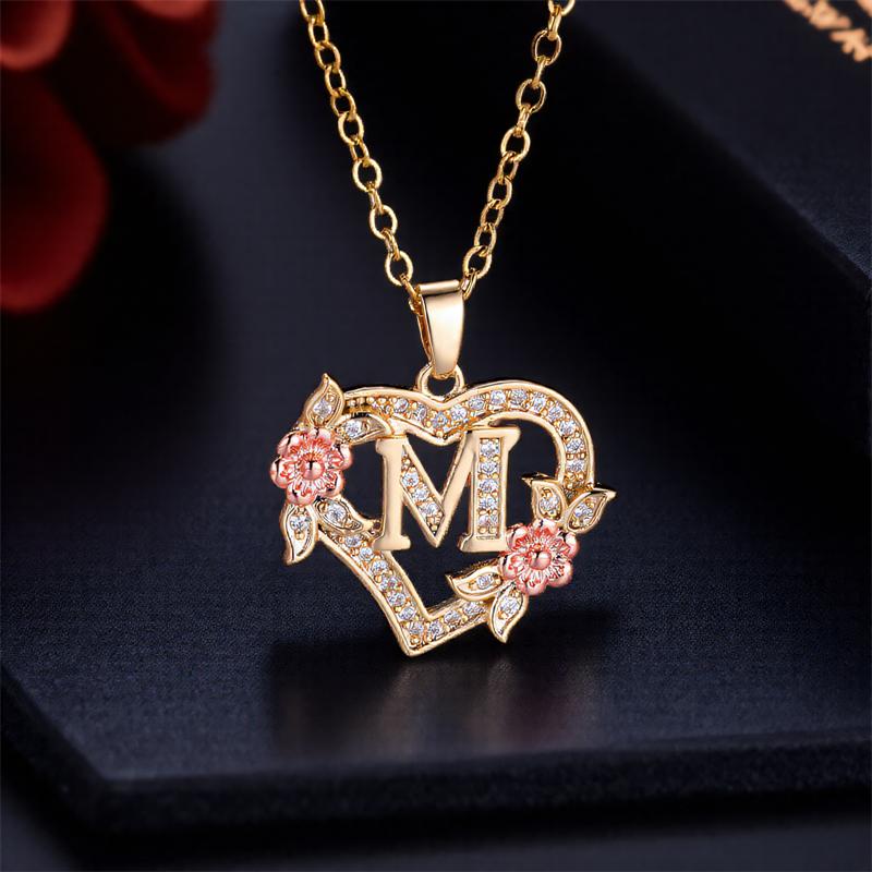 Trendige Liebesherz Blume 26 Buchstaben A-Z Anhänger Halskette Vintage Gold Farbe Ketten Halsketten Für Frauen Hochzeitsschmuck Mädchen Geschenk