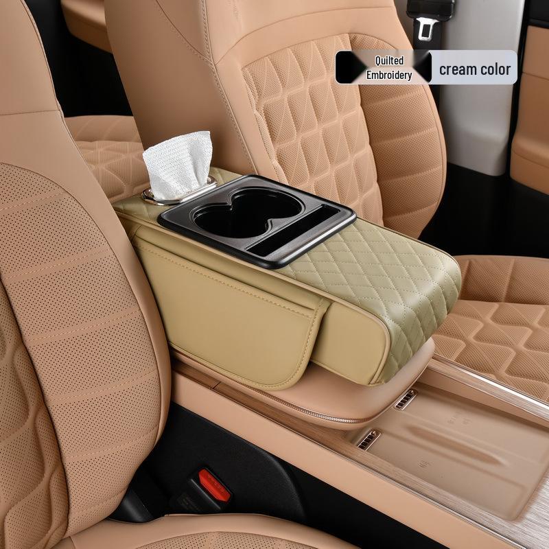 2025 Nappa Leder Auto Armlehnen Erhöhung mit Aufbewahrung, Doppelten Getränkehaltern & Taschentuchbox