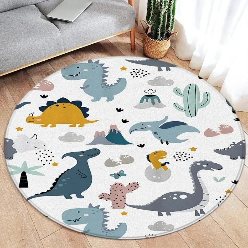 Wildlife Cartoon Animals Round Carpet Cute Dinosaur Whale Themed Kids Bedroom Rug Home Living Room Decorative Floor Mats