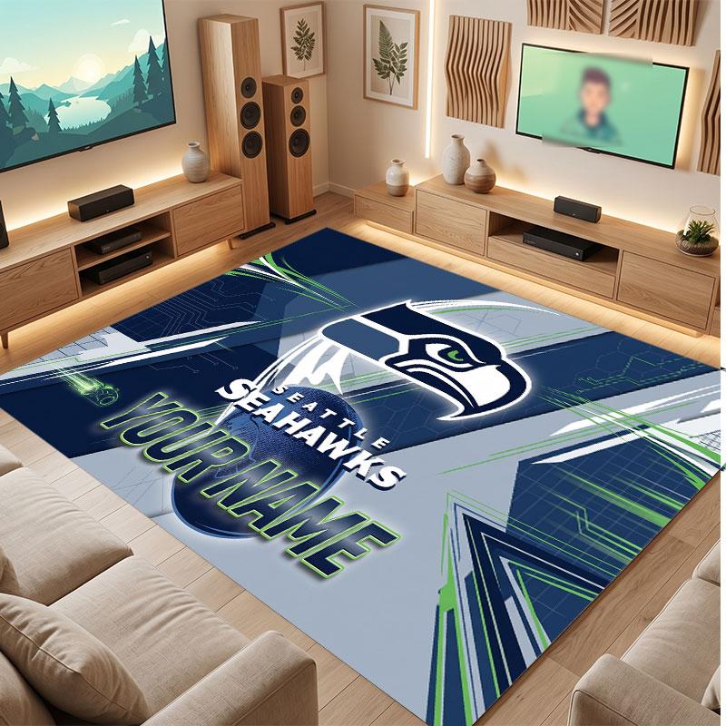 Seattle Seahawks Personalisierter Kristall-Samt-Teppich, Benutzerdefinierter Namens-Text Weicher Anti-Rutsch-Teppich für Wohnzimmer Schlafzimmer