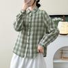 Women's Brushed Cotton Plaid Shirt - Green Cardigan Blouse, Long Sleeve, Spring/Autumn 2026