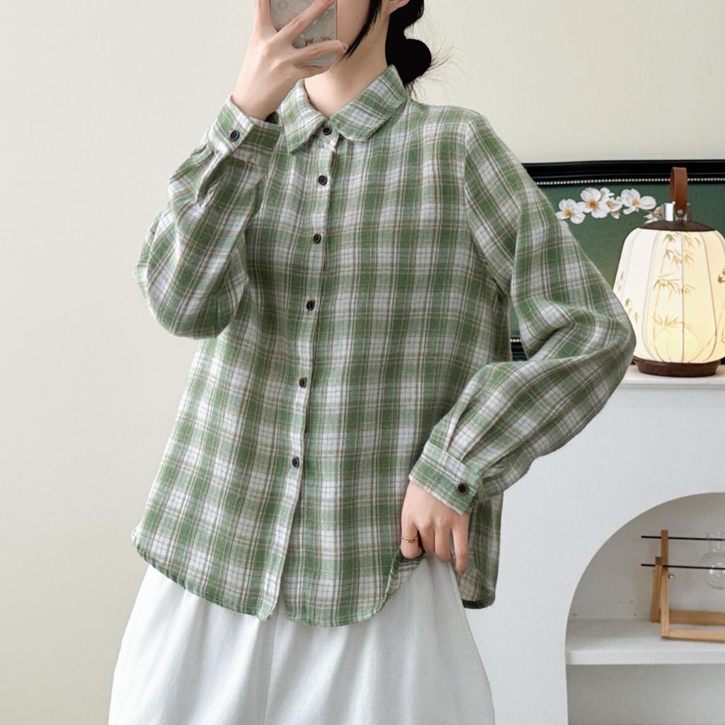 Women's Brushed Cotton Plaid Shirt - Green Cardigan Blouse, Long Sleeve, Spring/Autumn 2026