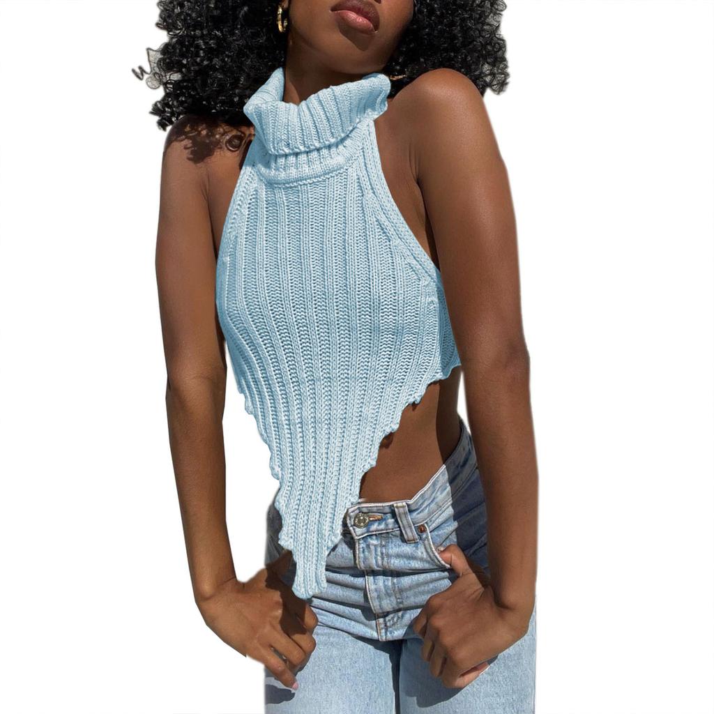 Dámský vlněný pletený top bez rukávů s vysokým výstřihem, nepravidelným střihem a sexy odhalenými zády