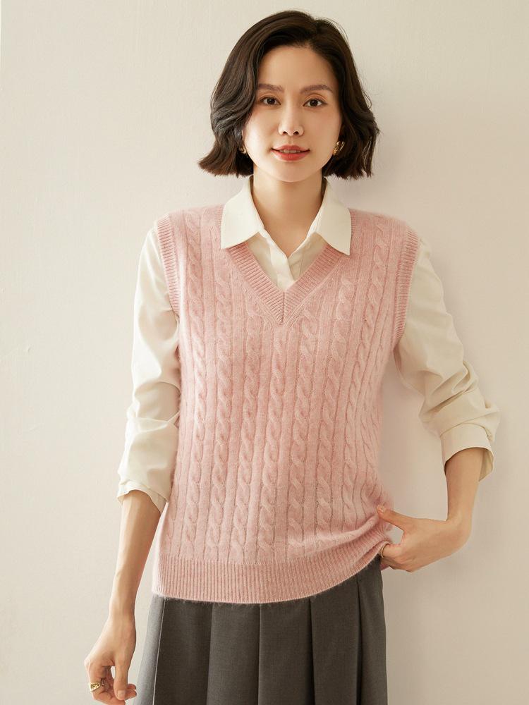 Women's V-neck Cashmere Cable Knit Sleeveless Vest Cardigan Sweater