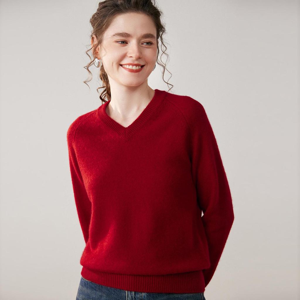 Women's Autumn Winter Cashmere V-Neck Raglan Sleeve Thick Knit Sweater
