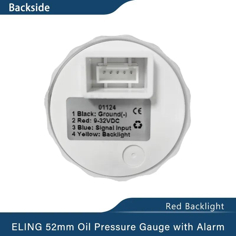 ELING Marine 12V 24V 52mm Oil Pressure Gauge Meter 0-5Bar 0-10Bar with Red Backlight and Light Alarm for Van Ships Motorcycle