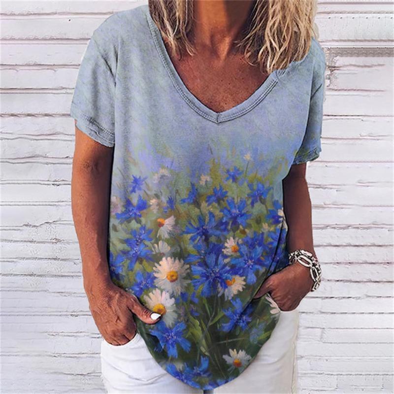 

Женские футболки с модными персонажами, топ с цветочным принтом и 3D-принтом, повседневная футболка Harajuku с коротким рукавом и V-образным вырезом, женская одежда больших размеров XL