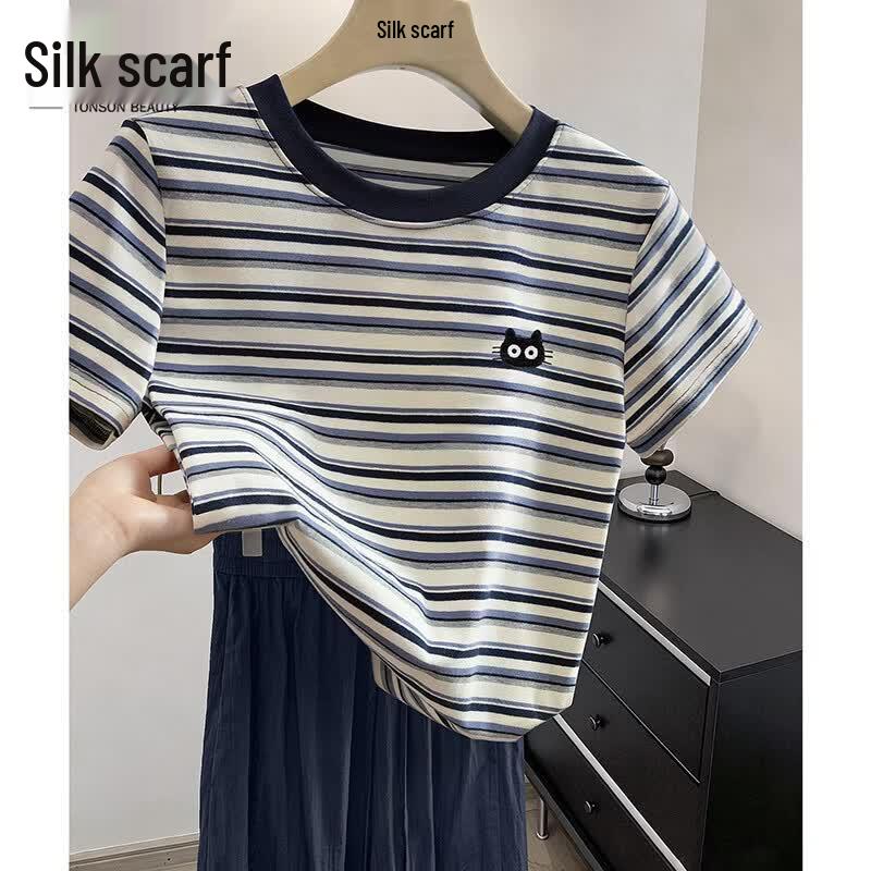 Silbayshe Women s Striped Round Neck Short Sleeve T-Shirt L