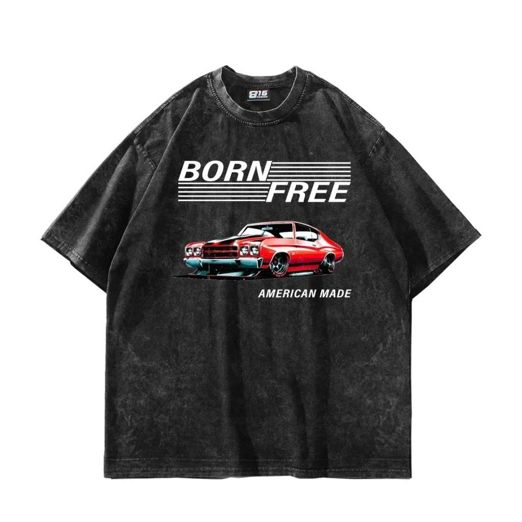 BORN FREE Slogan Car Print Distressed T-Shirt Loose Fit Streetwear Casual Daily Wear Streetwear Short Sleeve Top
