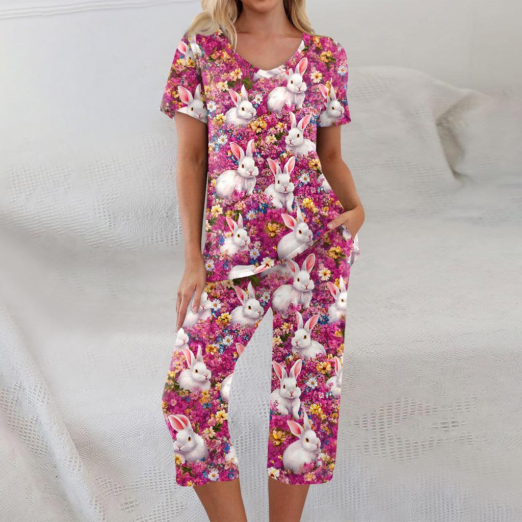 2 Piece Sets For Women Short Sleeve Top And Pants With Pockets Workout Soft Print Sets