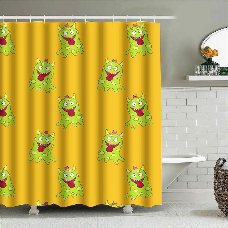 Adorable Monster Print Shower Curtain Cheerful Green Creature Pattern for Bathroom Decor Water-Resistant Fabric with Hook Rings