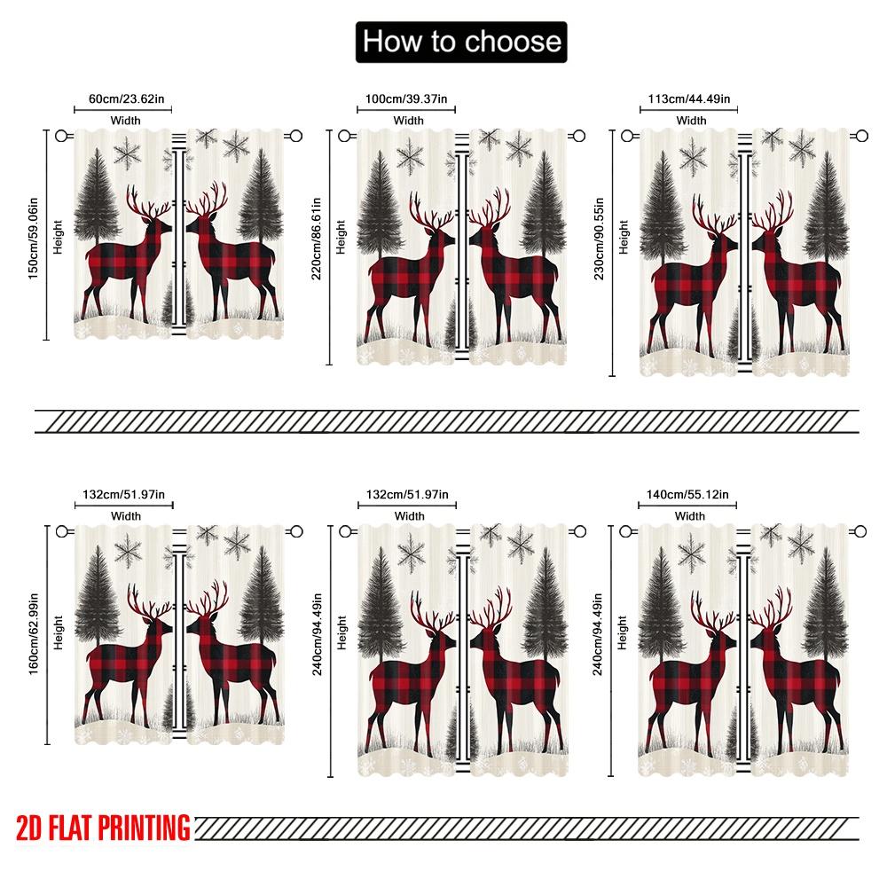 2pcs,2D Plane Printing Curtains Digital Printed Buffalo Plaid Reindeer Snowflakes (2) Polyester Easy Install (without Rod) All