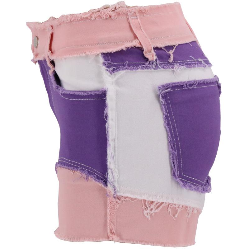 2024 Summer Women's Shorts Multi Color Panel Elastic Women's Denim Shorts