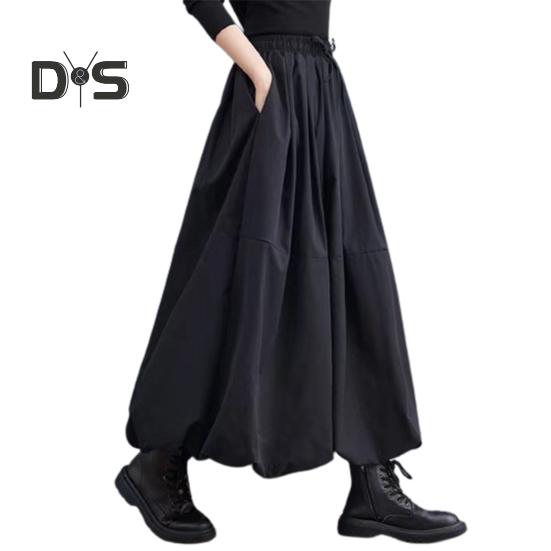 Women Maxi Skirt High Waist A Line Long Skirt Solid Color Pockets Design Female Thick Warm Elastic A Line Puff Skirt