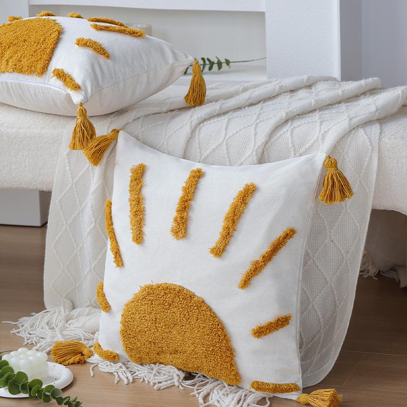 Ins Style Pillow Yellow Sun Tufted Pillow Case Homestay Pillow Living Room Sofa Tassel Cushion Removable and Washable