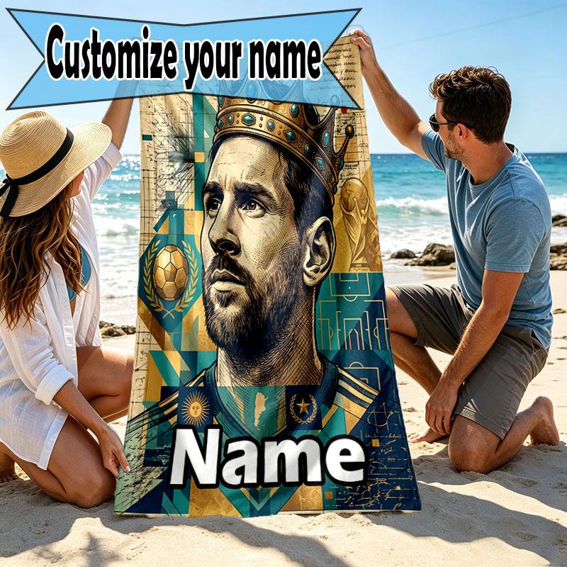 Serviette de plage personnalisée avec nom, impression Leo Messi, pour voyage, camping, fête à la plage, décoration intérieure, cadeau d'anniversaire pour la famille et les amis