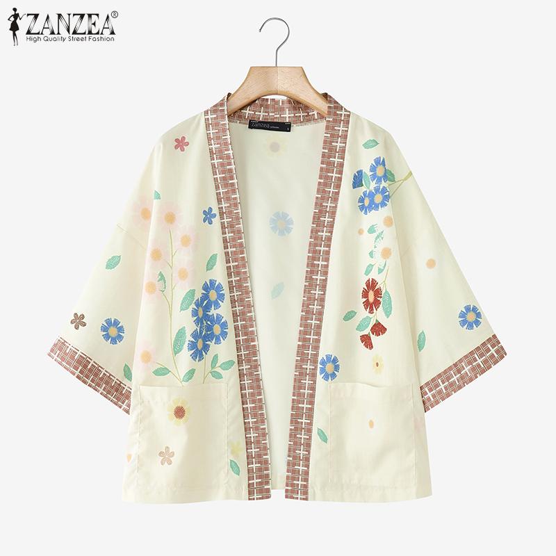 ZANZEA Women Floral Print Loose Casual 3/4 Sleeve Kimono Cardigan Blouse