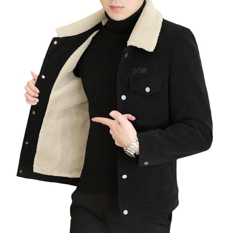 Men's Autumn and Winter Lapel Jacket, Solid-colored Woolen Coat with A Fur Collar and Fleece for Warmth