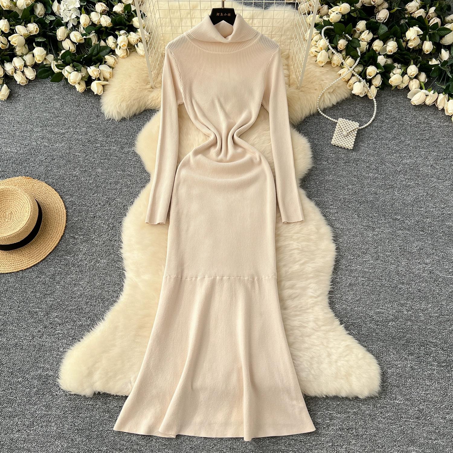 

Осень Зима Женский Элегантный Свитер Пуловер с Воротником Гольф и Полным Рукавом Вязаный Длинный Макси Платья Русалка для Вечеринки One Size абрикосовый