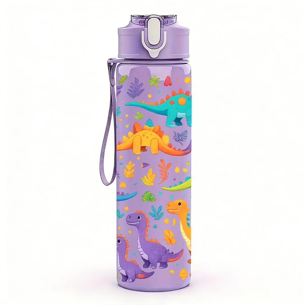 1PC Dinosaur Cartoon Colorful Sticker Print 750ml Color Plastic Sports Water Bottle Leakproof Flip Straw Lid Suitable for Sports Office Home Use