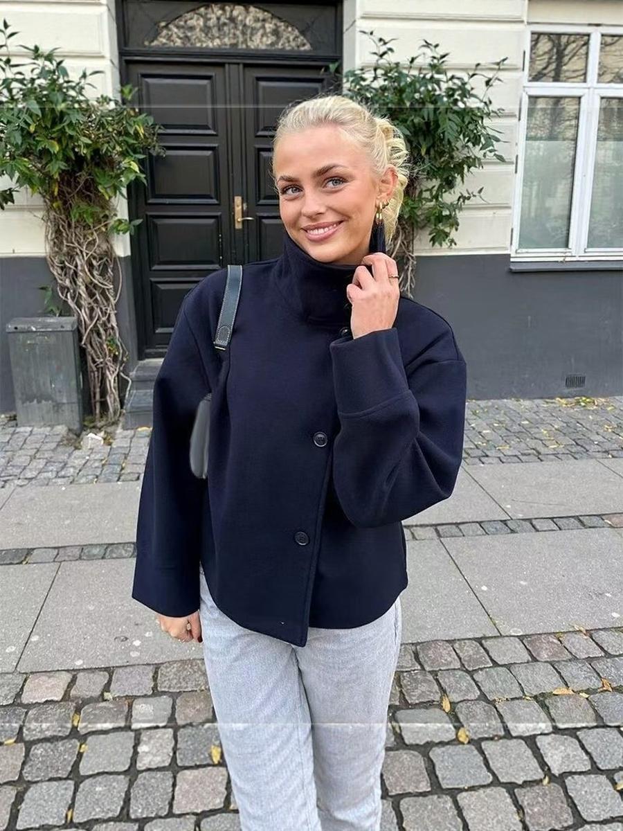 

Осень Зима Новая Женская Одежда Элегантное Изящное пальто с воротником-стойкой на пуговицах с длинным рукавом из смесовой шерсти Толстое S темно-синий