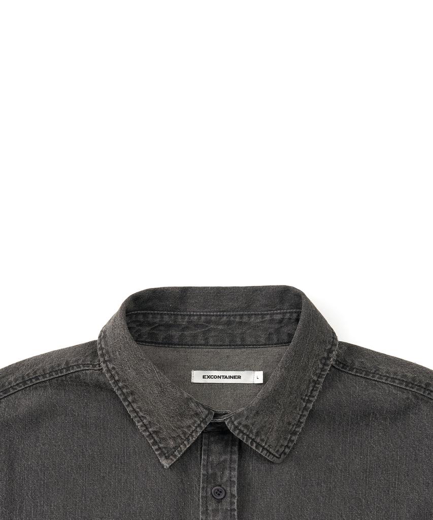 EXCONTAINER Damaged Washed Denim Half Shirt (Fade Black)