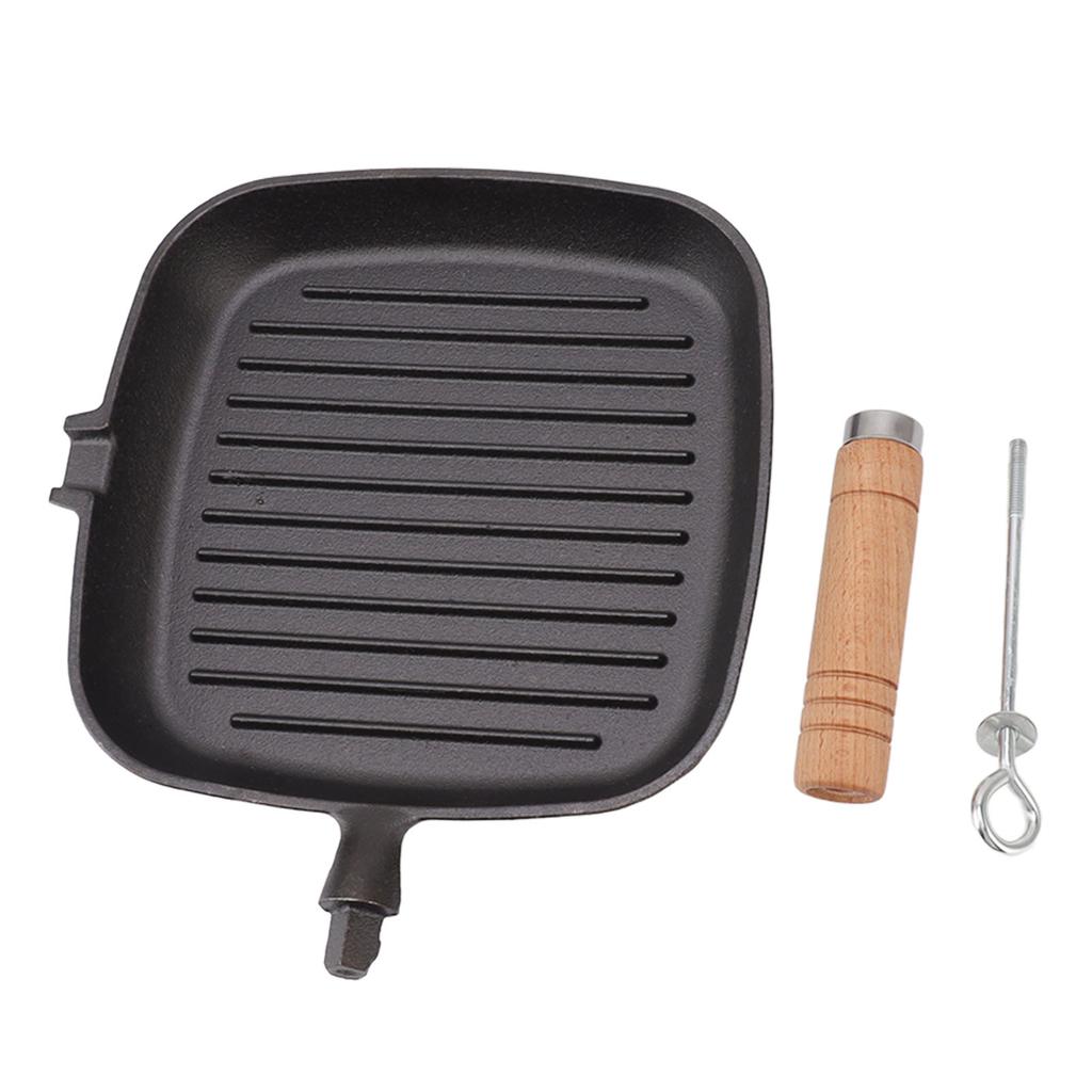 Cast Iron Skillet with Wooden Handle Square Uncoated Nonstick Cast Iron Grill Pan for Meats Steak Fish