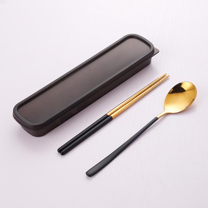 Korean Portable Stainless Steel Cutlery Set: Spoon, Fork & Chopsticks with Travel Box. Custom Logo Option Available.