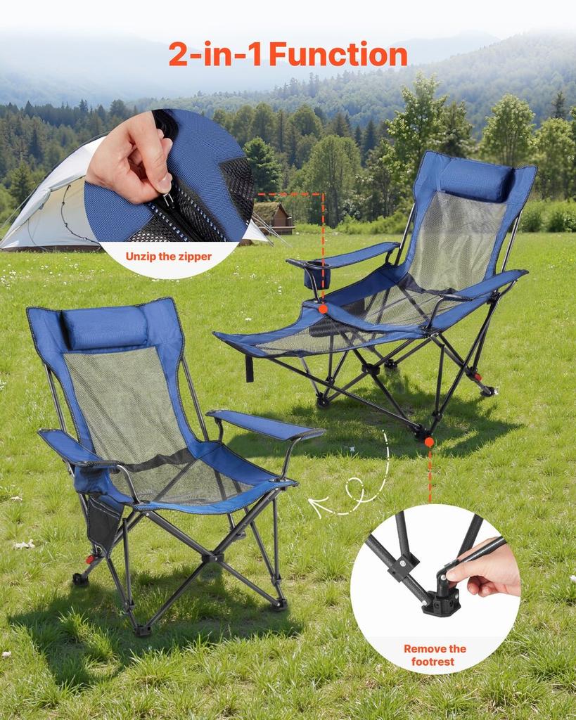 Reclining Camping Chair, 4 Adjustable Positions, Portable Folding Lounger for Adults, Mesh Beach Chair with Headrest & Foot Rest, Supports 220 Lbs,