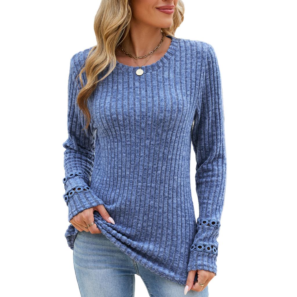 Women's Round Neck Brushed Ribbed Long Sleeve T-Shirt Lace Cuff Loose Solid Color Casual Top Autumn Winter