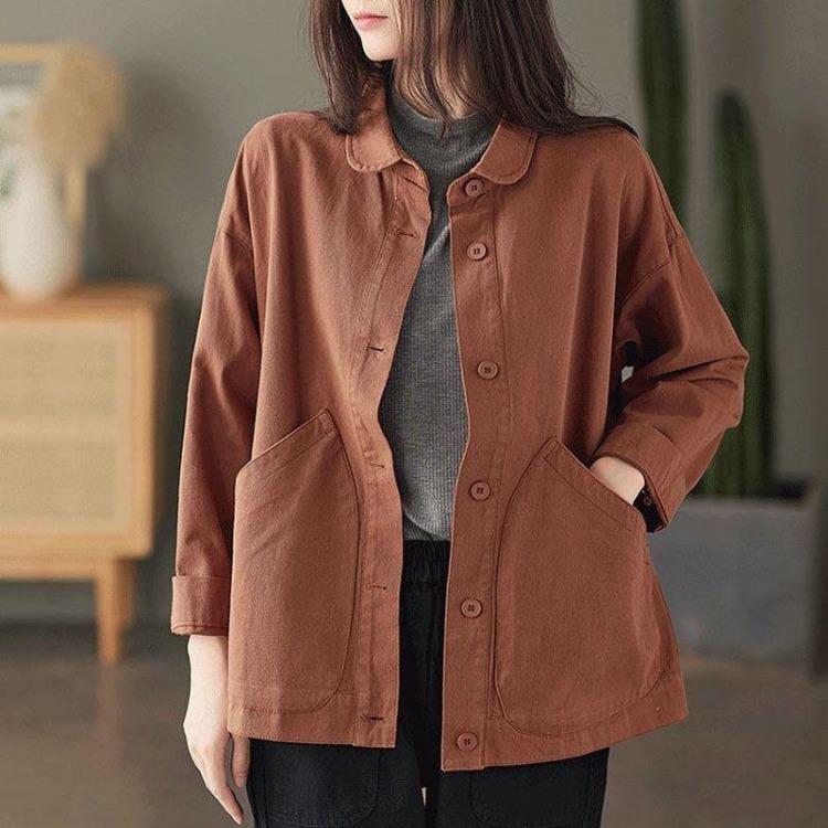 Women's Retro Art Loose Cotton Shirt Coat Simple Design Solid Pocket Single Breasted Twill Versatile Spring Autumn
