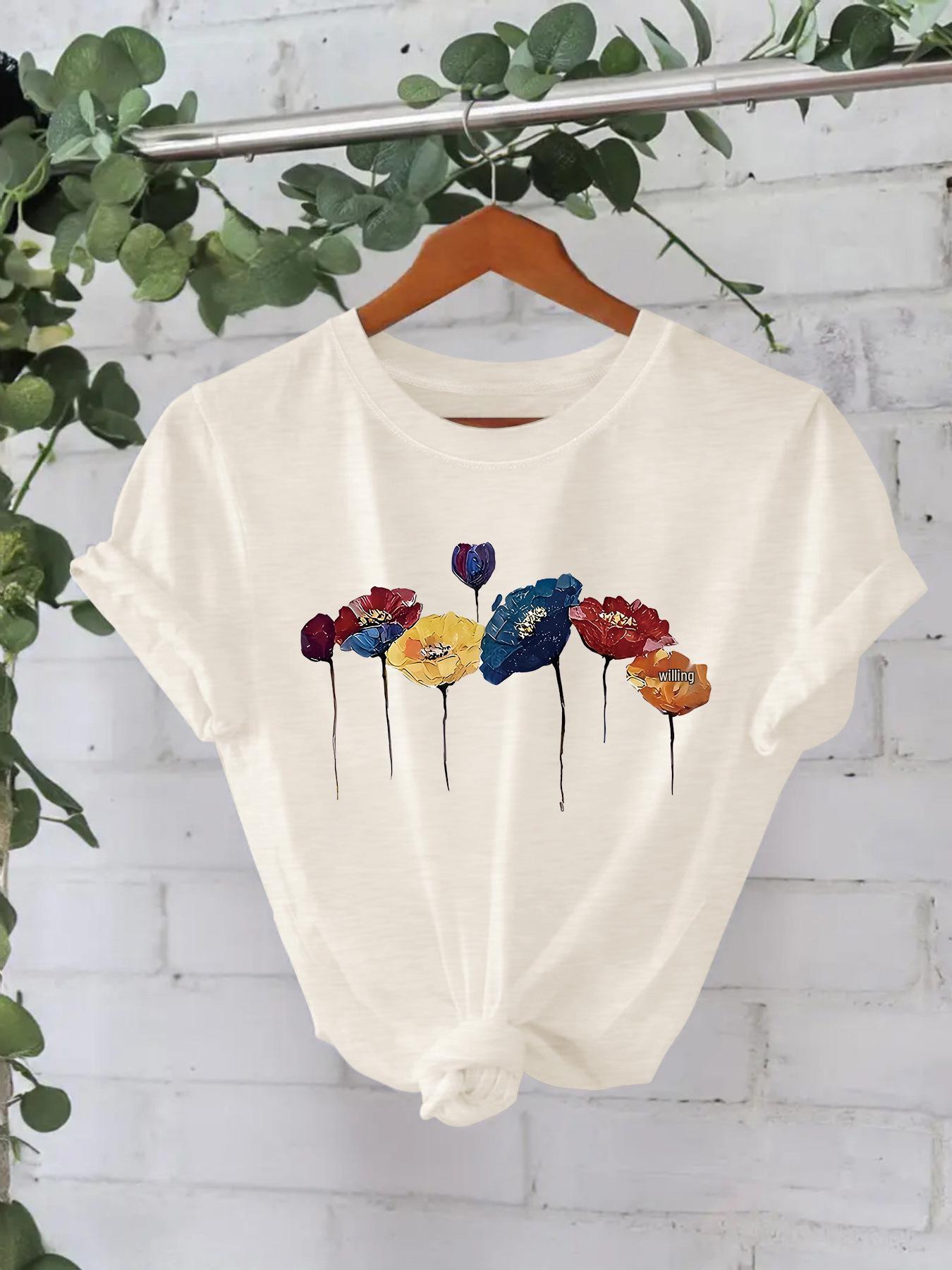 

Красочная футболка с круглым вырезом и короткими рукавами в европейском и американском стиле для женщин XL