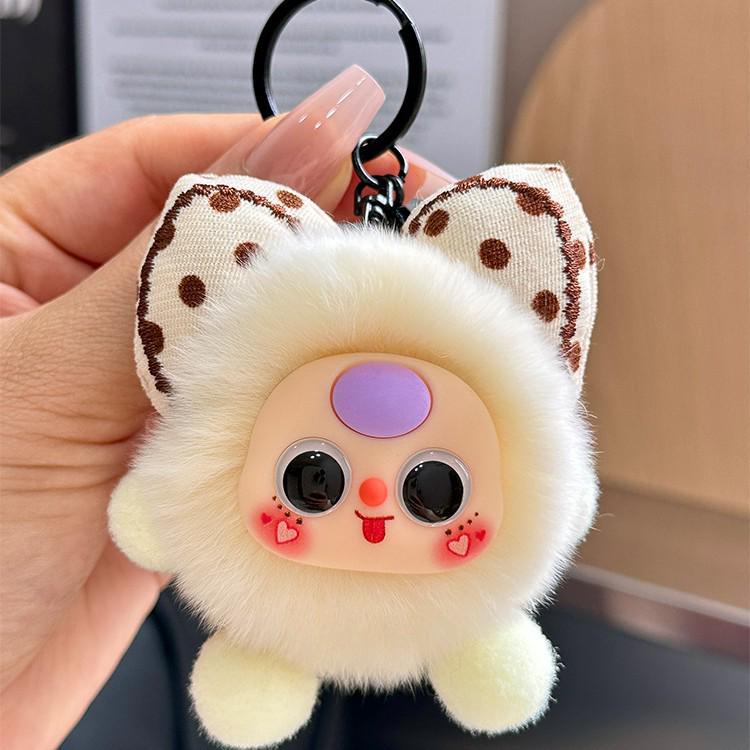 Imitation Rex Rabbit Bowknot Keychain with Coal Ball Pendant - Cute Doll Backpack Charm