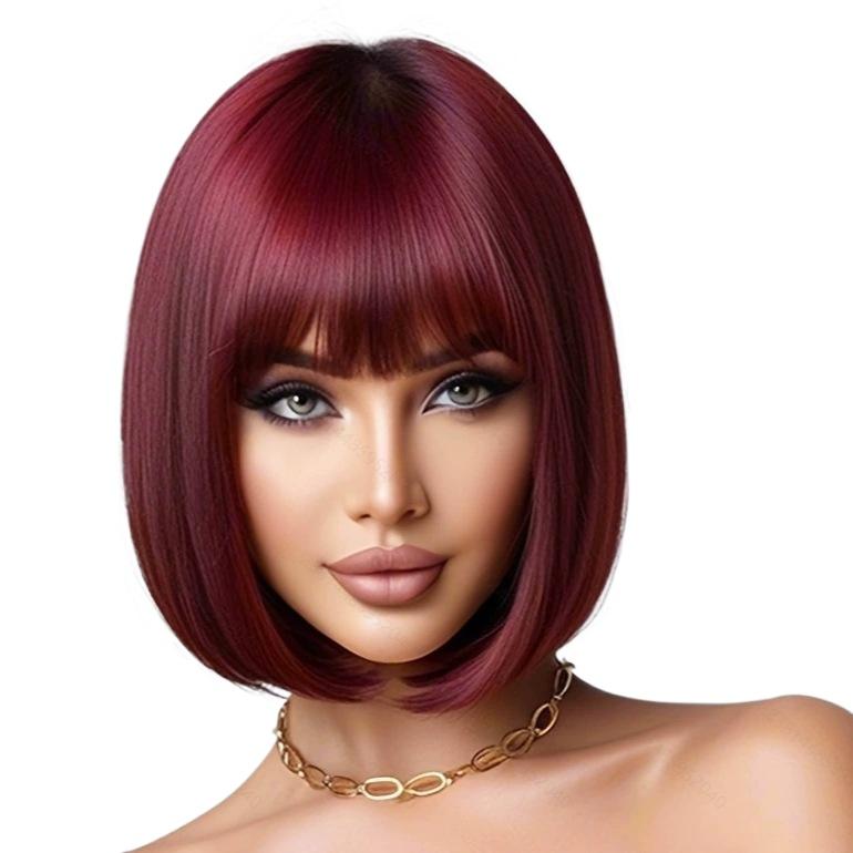 Blonde Brown Red Ombre Synthetic Bob Wigs with Bangs Short Straight Natural Hair for Women Daily Party Heat Resistant Fiber