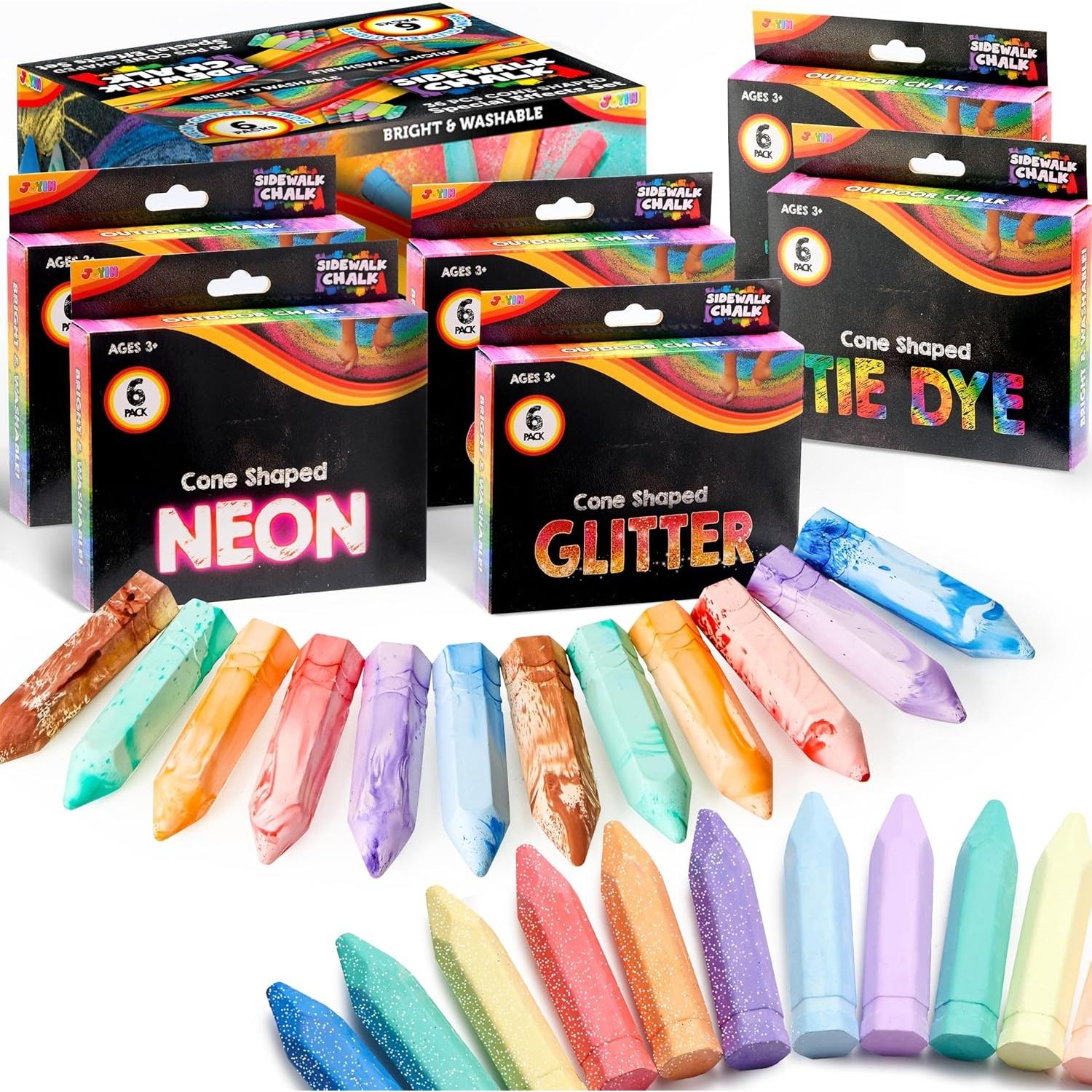 

JOYFY 36 PCS Washable Sidewalk Chalks Set in 6 Packs 18 Colors Including 12 Tie Dye 12 Glitter & 12 Neon Color Outdoor Chalks