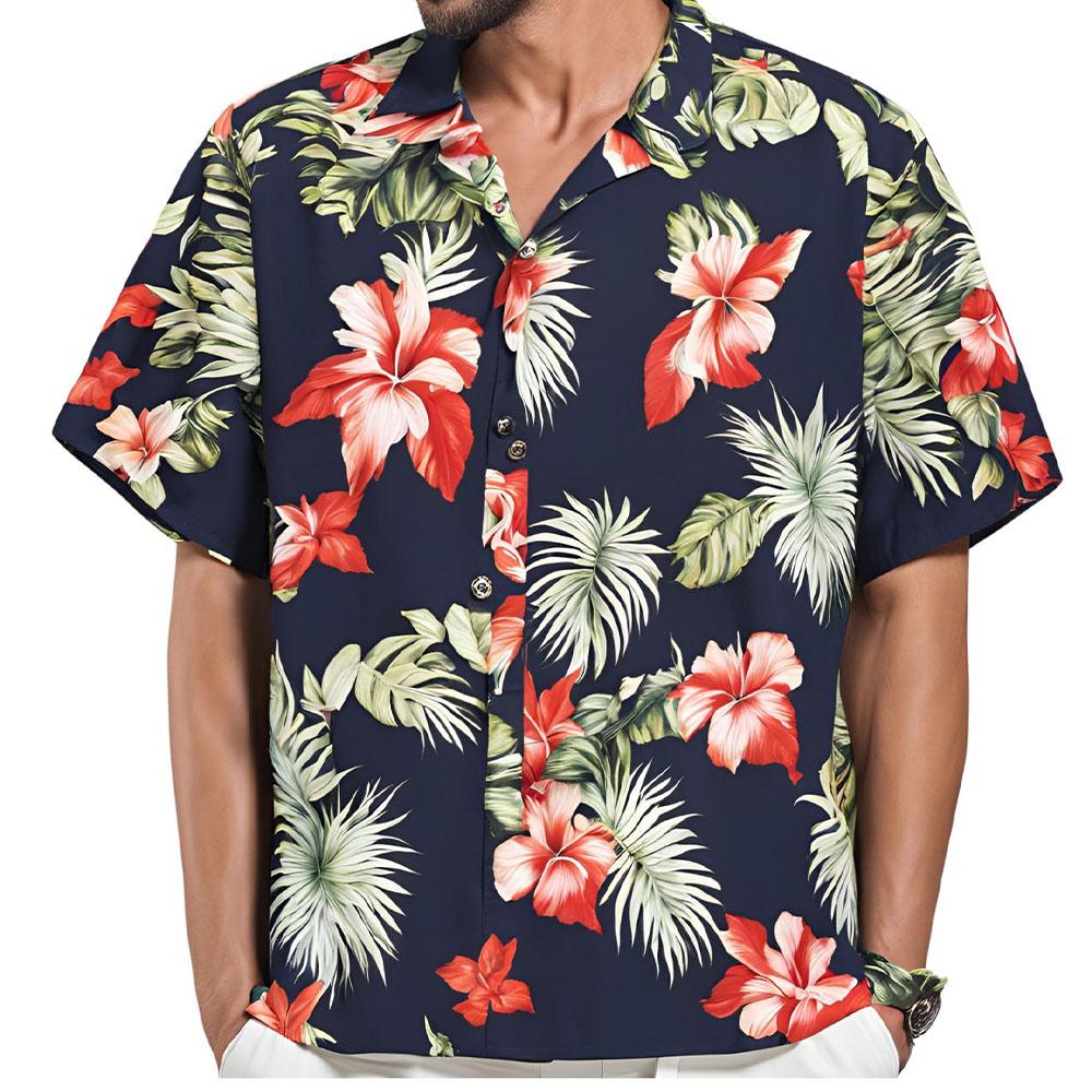 Camisa Masculina de Manga Curta Estampa Floral Botânica Havaiana Gola Lapela Camisa de Botão à Beira-Mar Top Moda Casual Camisas
