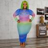 Plus Size Colorful Tie Dye Bandage Dress Women Long Sleeve Mesh Transparent Sexy Club Party Dresses