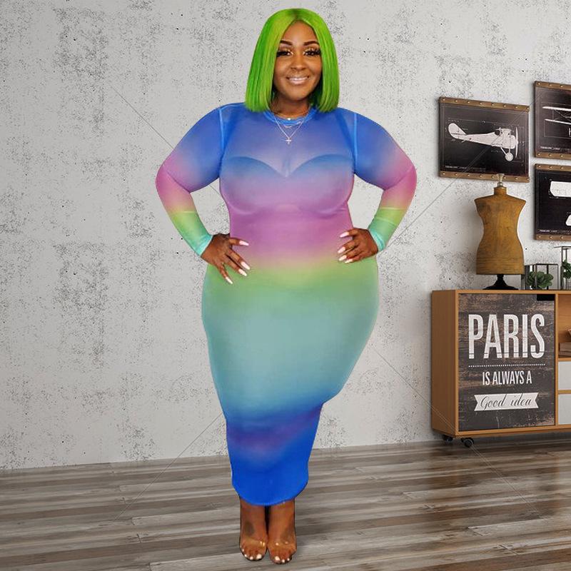 Plus Size Colorful Tie Dye Bandage Dress Women Long Sleeve Mesh Transparent Sexy Club Party Dresses