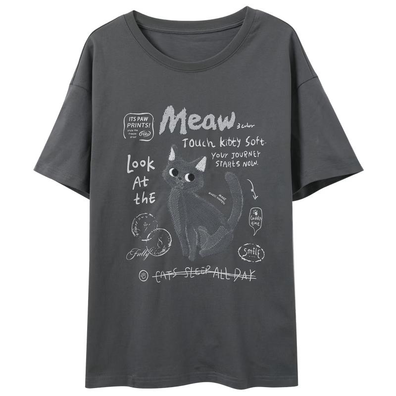 Sancai 100% Cotton Sweet Cool Cat Graphic T-shirt L