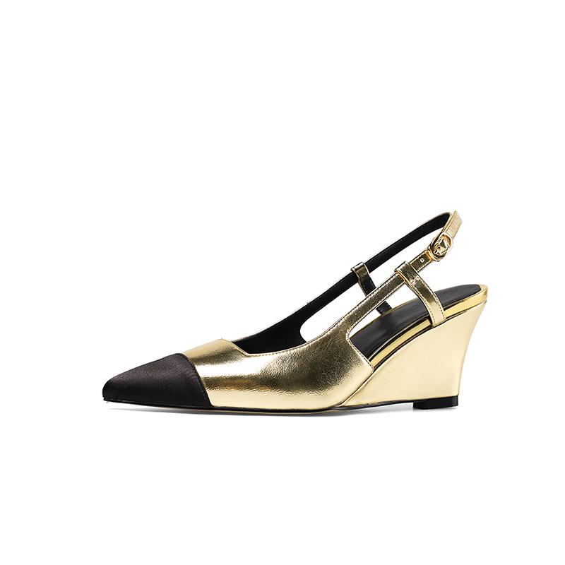 

Мода 2024 Весна Женские Сандалии Обувь из Натуральной Кожи для Женщин Острый Носок Танкетка Каблук Женская Обувь Женская Обувь Золотой Серебристый 40 золотистый
