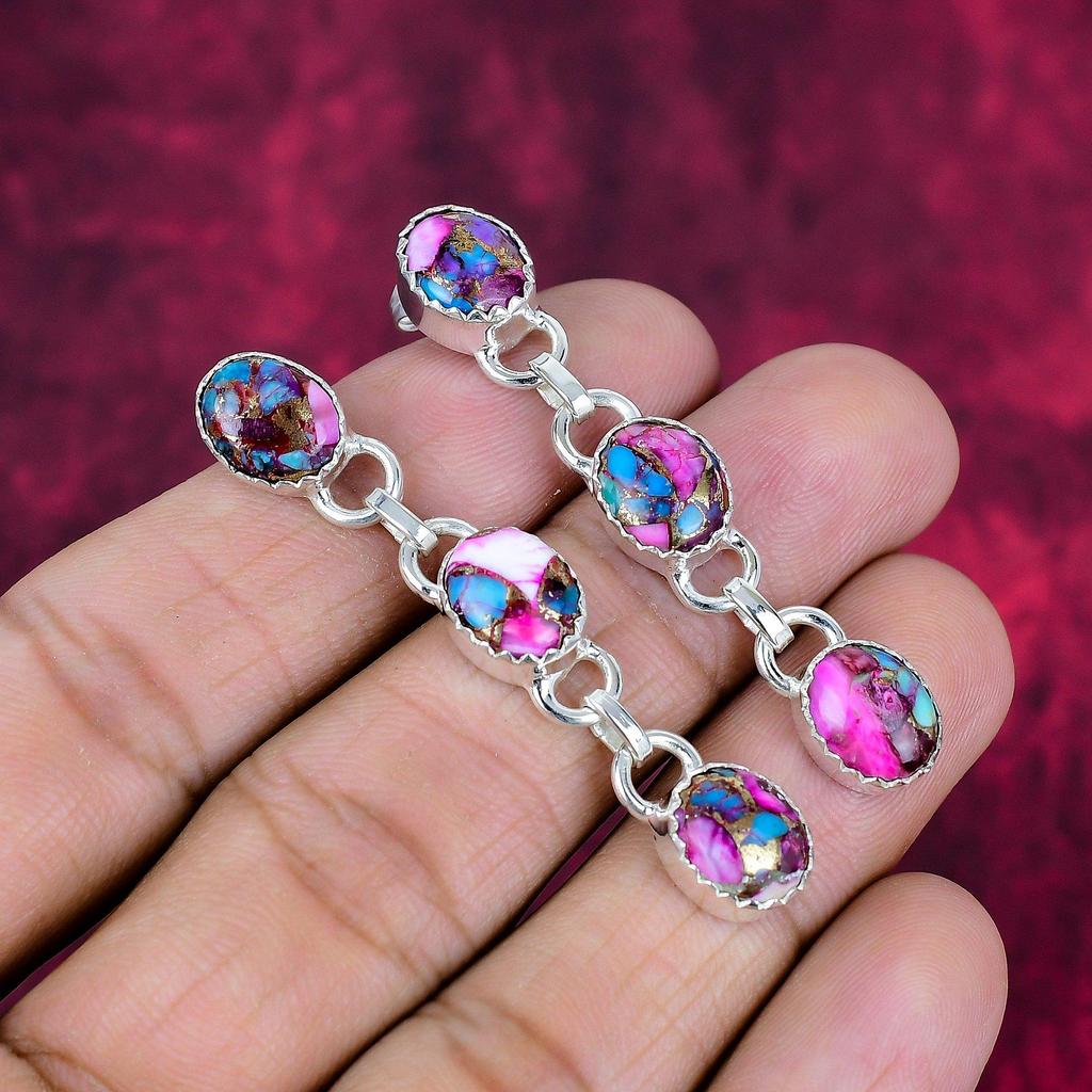 Pink Spiny Copper Turquoise Earrings, Handmade Gemstone Earrings, 925 Solid Sterling Silver Earrings Antique Jewelry, For Engagement Gift